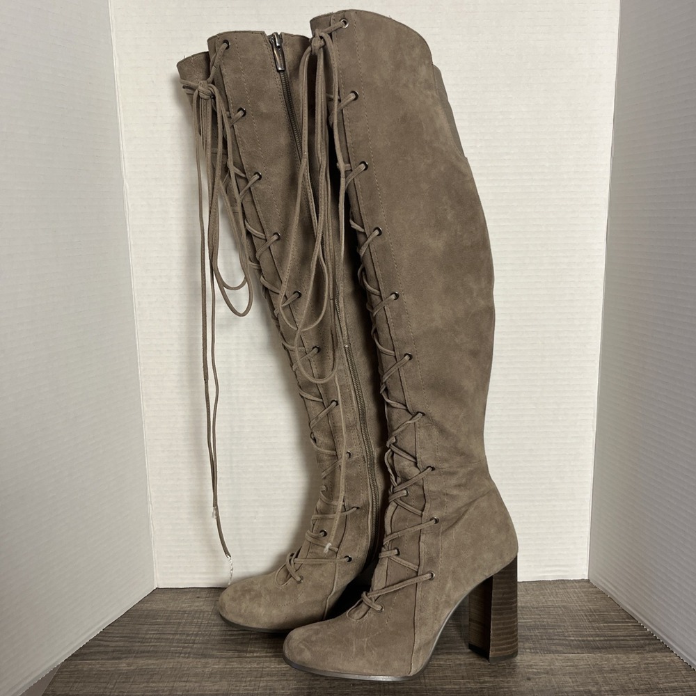 Vince Camuto Thanta Size 8M Tan Suede Lace-Up & Zip Over The Knee High Boots